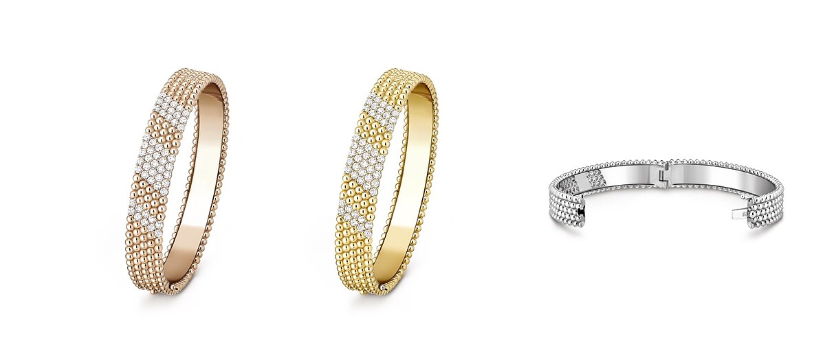 左至右:Perlée diamonds duo手鐲,5排,(玫瑰金、鑽石)、(白金、鑽石)、(黃K金、鑽石)。
