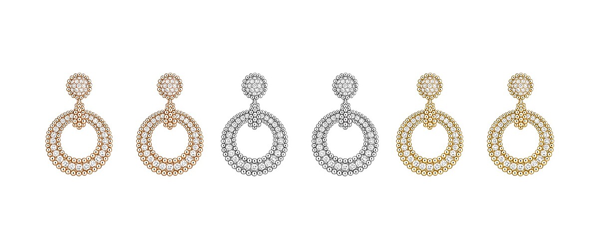 左至右:Perlée diamonds duo耳環,(玫瑰金、鑽石)、(白金、鑽石)、(黃K金、鑽石)。