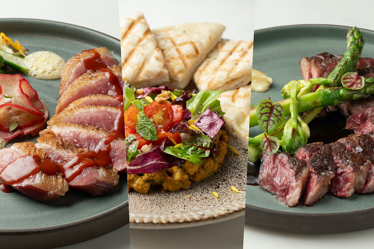 「香醇紅露鴨胸」「香料咖哩雞肉餅」「美國頂級奧瑪哈肋眼牛排」。