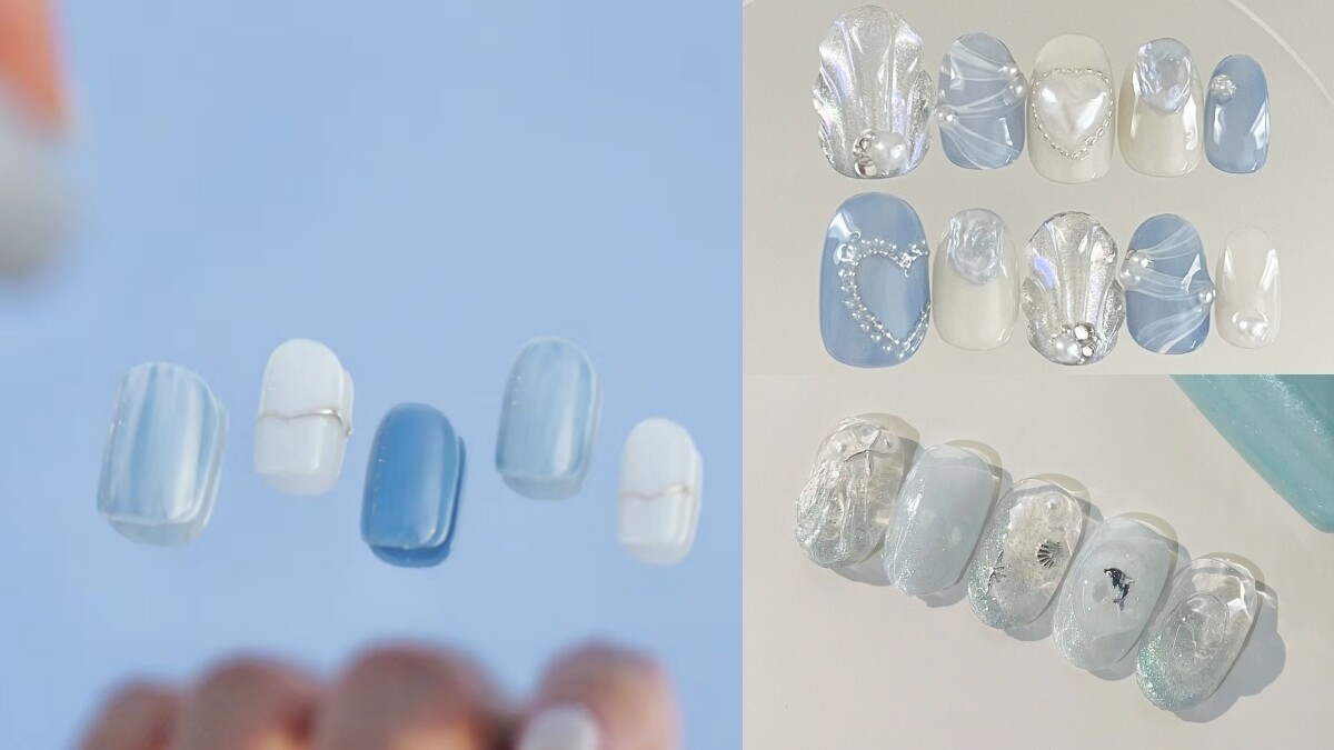 2024夏天最涼爽的「冰透藍美甲」25款推薦！沁涼透明，自帶涼感