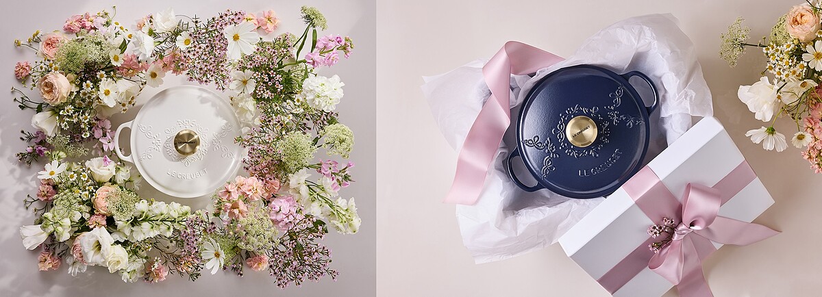 典藏媽咪鐵鍋 24cm (海軍藍/棉花白) 淡金頭，定價NT$16,500。