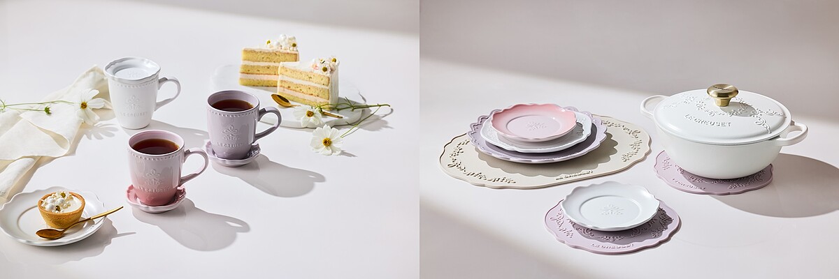 左：永恆花蕾系列馬克杯 330ml 附蓋 (棉花白/柔粉紫/貝殼粉，共三色可選)，定價各NT$1,380/個。右：永恆花蕾系列圓盤 27cm (棉花白/柔粉紫/貝殼粉，共三色可選)，定價各NT$1,780/個；永恆花蕾系列隔熱墊 (蛋白霜/柔粉紫，共兩色可選)，定價各NT$1,280/個；永恆花蕾系列餐墊 (蛋白霜/柔粉紫，共兩色可選)，定價各NT$1,680/個。