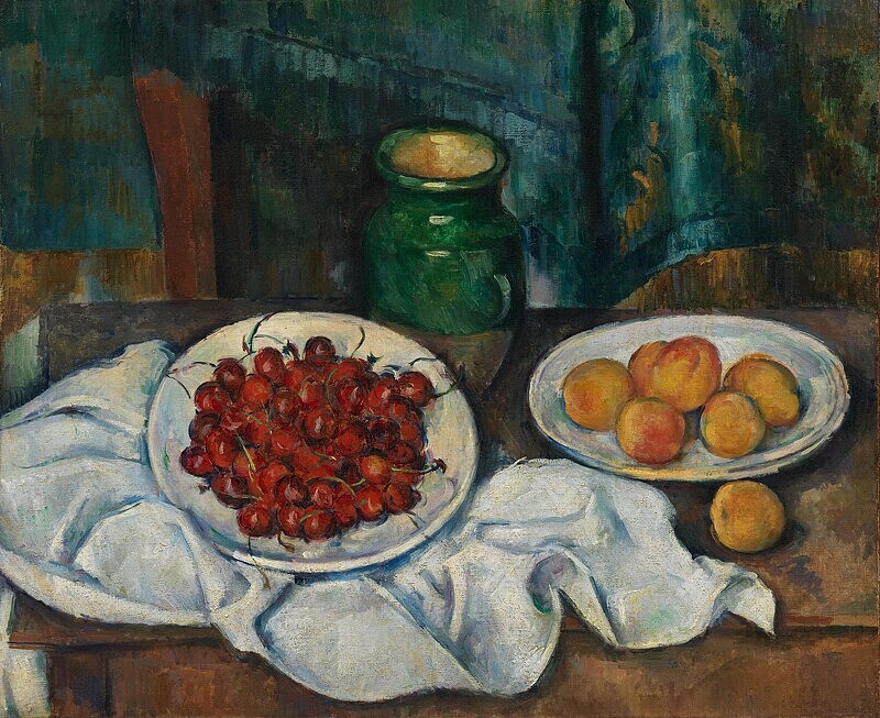 塞尚 (Paul C&eacute;zanne, 1839-1906)〈桃子與櫻桃的靜物畫〉，作於1885-1887年，油畫畫布，50 x 61 cm，Los Angeles County Museum of Art, Gift of Adele R. Levy Fund, Inc., and Mr. and Mrs. Armand S. Deutsch, photo &copy; Museum Associates/LACMA。