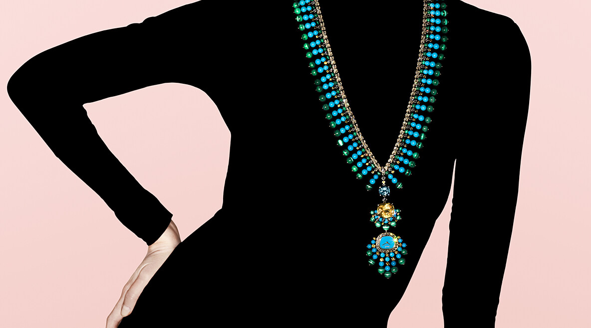 Extraleganza Swinging Sautoir 18K黃金海水藍寶石與黃色藍寶石項鍊錶，可轉換式設計：可轉換為一條較短項鍊、面盤可獨立拆卸轉換為一只珠寶腕錶。