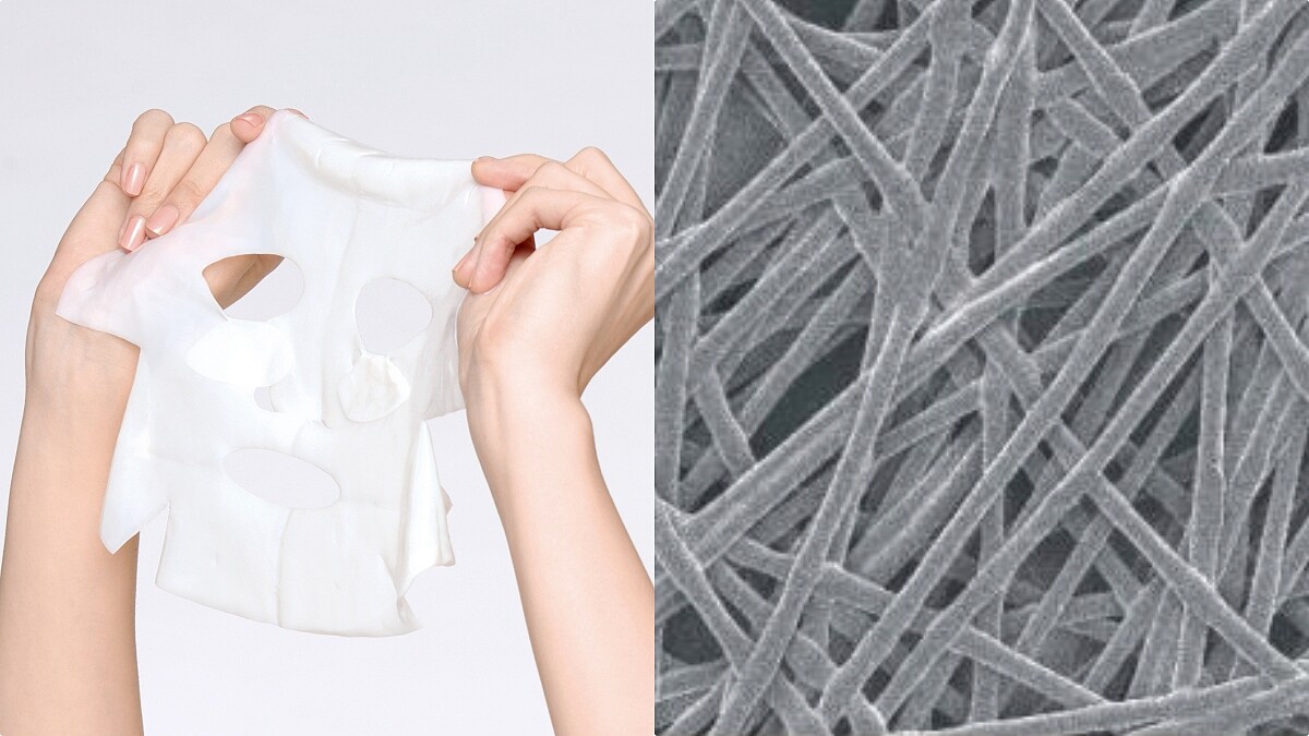 (左)手拿面膜圖、(右)生物纖維。