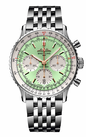 Navitimer B01 系列航空計時碼錶，薄荷綠色錶盤鍊帶款，Breitling。