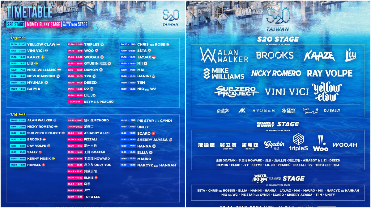 2024 S2O Taiwan潑水音樂節演出陣容時間表