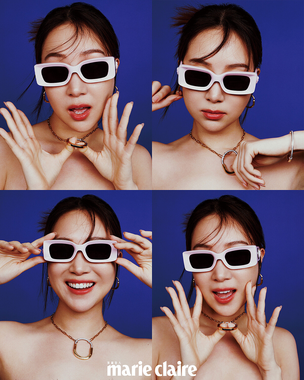 粉紅框墨鏡,Versace;Lock 18K金鑲鑽項鍊(L)、Lock 18K金耳環、Lock 18K白金與黃金鑲鑽手環(M),all by Tiffany&Co.蒂芙尼。