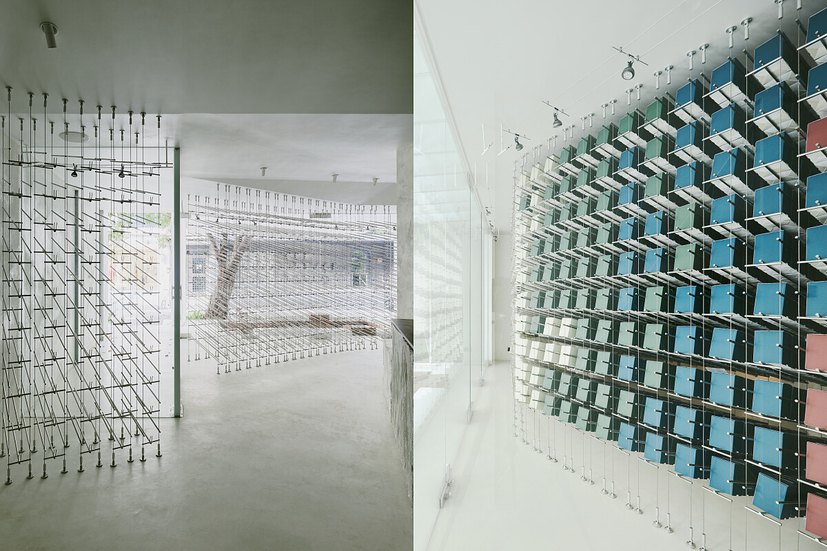 陳列牆面打造了輕柔纖細的線性結構，將存在感降到最低。