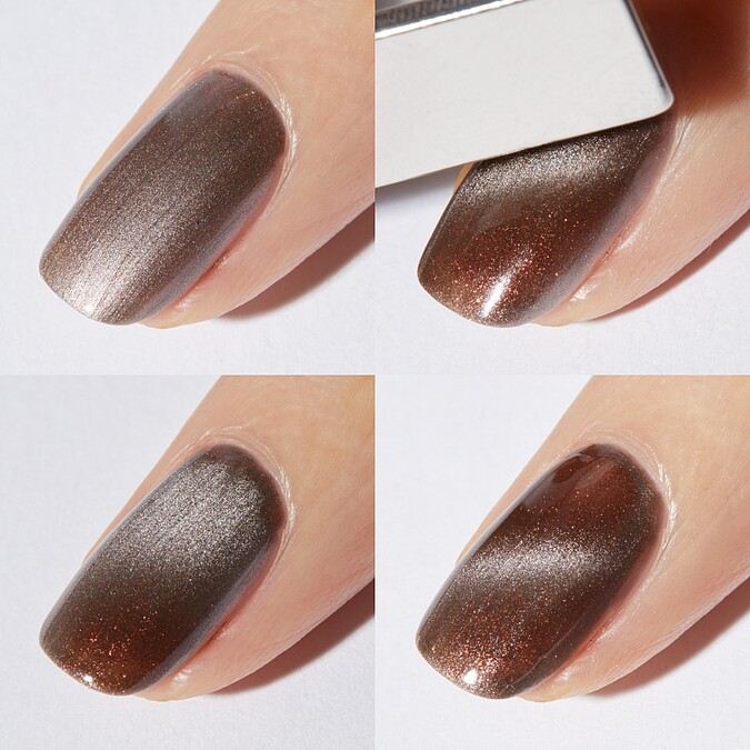 uka Cat Study貓咪漫步系列指甲油(#摩卡貓眼)除了單擦，還可以利用內附磁石創造出不同的貓眼效果。