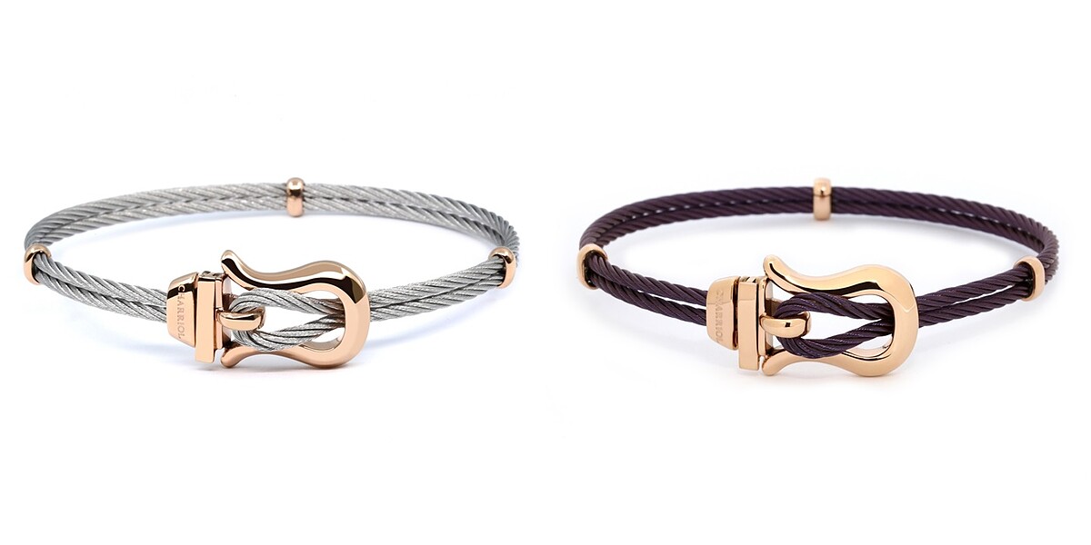 夏利豪Bonifacio手環 瑰金飾結/銀色鋼索NT7,700；夏利豪Bonifacio手環 玫瑰金飾結/紫色鋼索NT9,900