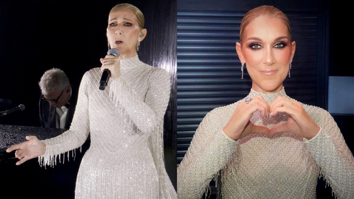 席琳狄翁穿上一件Dior刺繡白色高級訂製服登上艾非爾鐵塔為巴黎奧運獻唱。