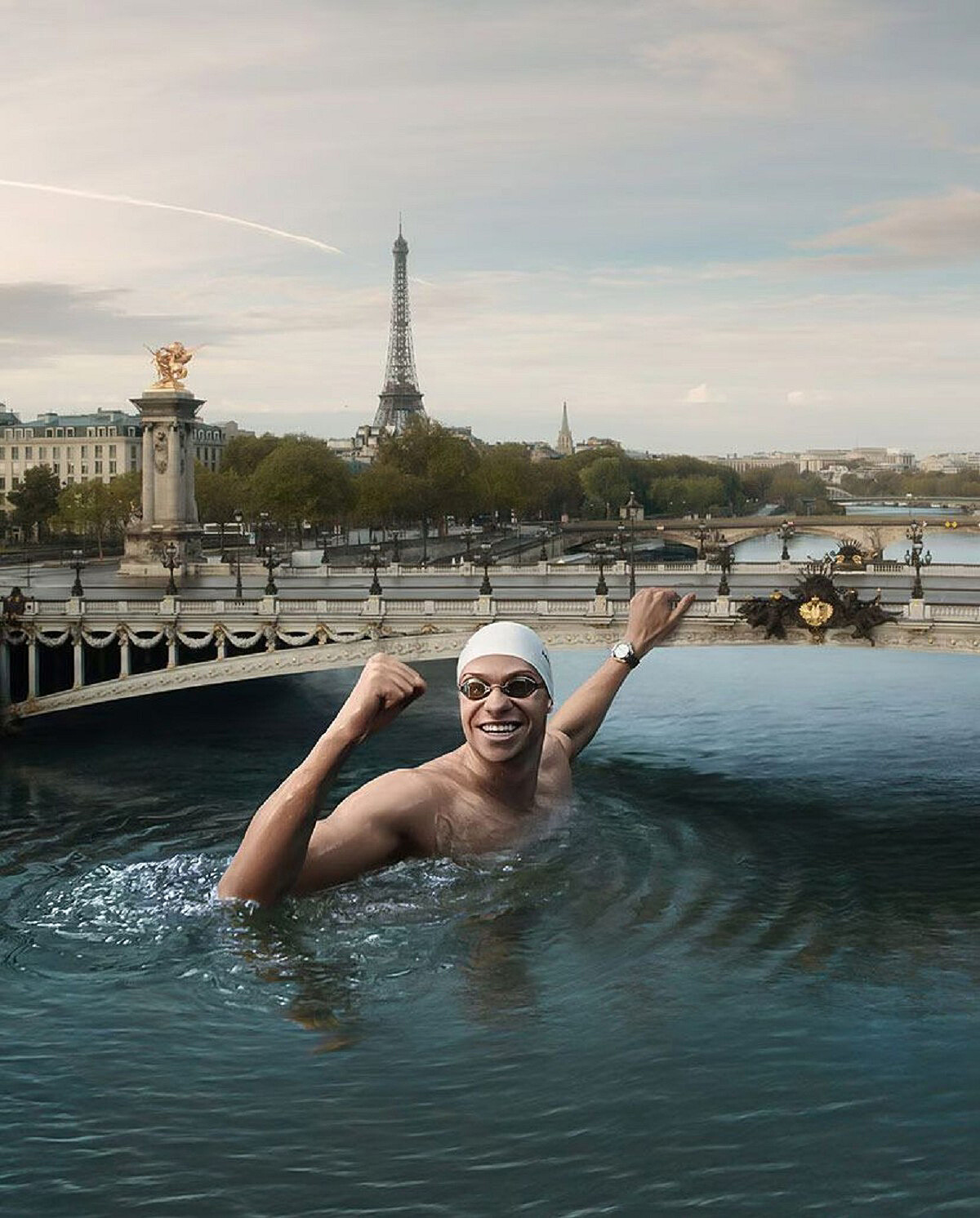 影片從法國游泳選手 L&eacute;on Marchand 準備從巴黎高空蹬腿一躍揭開序幕。