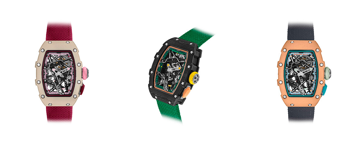 左至右:RM 07-04自動上鍊運動腕錶Quartz TPT®石英纖維款(奶油白色)、RM 07-04自動上鍊運動腕錶Carbon TPT®碳纖維款、RM 07-04自動上鍊運動腕錶Quartz TPT®石英纖維款(鮭魚粉色)。