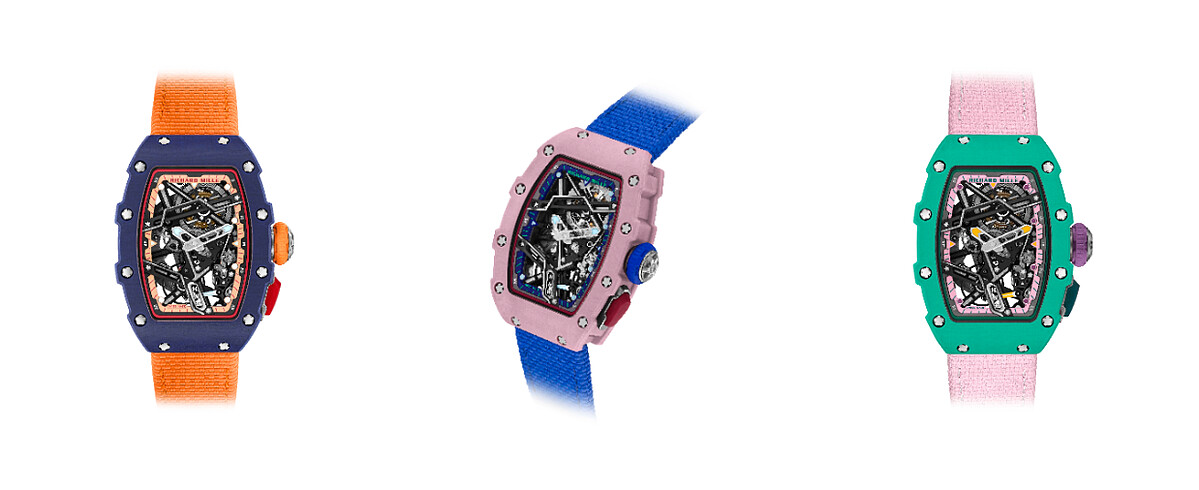左至右:RM 07-04自動上鍊運動腕錶Quartz TPT®石英纖維款(深藍色)、RM 07-04自動上鍊運動腕錶Quartz TPT®石英纖維款(錦葵紫色)、RM 07-04自動上鍊運動腕錶Quartz TPT®石英纖維款(綠色)。