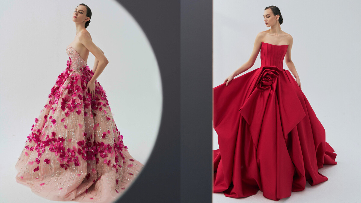 （左）染色羽毛禮服「Dahlia 大理花」，花費3.5個月開出一片燦爛。（右）紅色緞面晚禮服《Rose 薔薇》，使用明豔亮紅絲毛緞布做整件立體剪裁結構。（LinLi Boutique 提供）