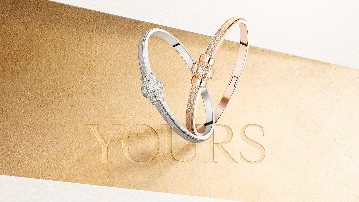 「YOURS」：PIAGET Possession 系列 18K 白金宮廷式雕刻飾紋鑽石手鐲、18K 玫瑰金宮廷式雕刻飾紋鑽石手鐲
