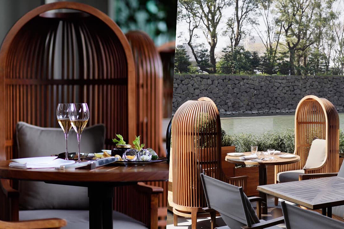 戶外用餐區座椅，以獨特造型構築隱密空間。