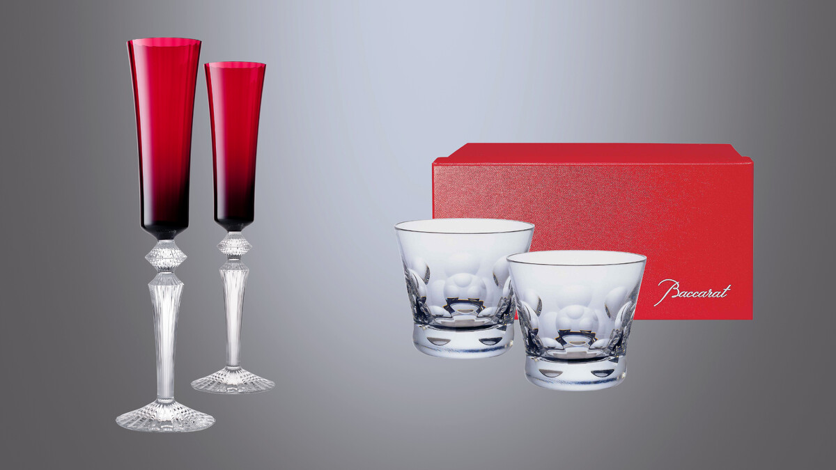左：Baccarat巴卡拉水晶的Mille Nuits千夜紅寶香檳對杯一組（價值NTD43,800）、右：巴卡拉水晶的Beluga高級威士忌對杯一組（價值NTD8,200）。