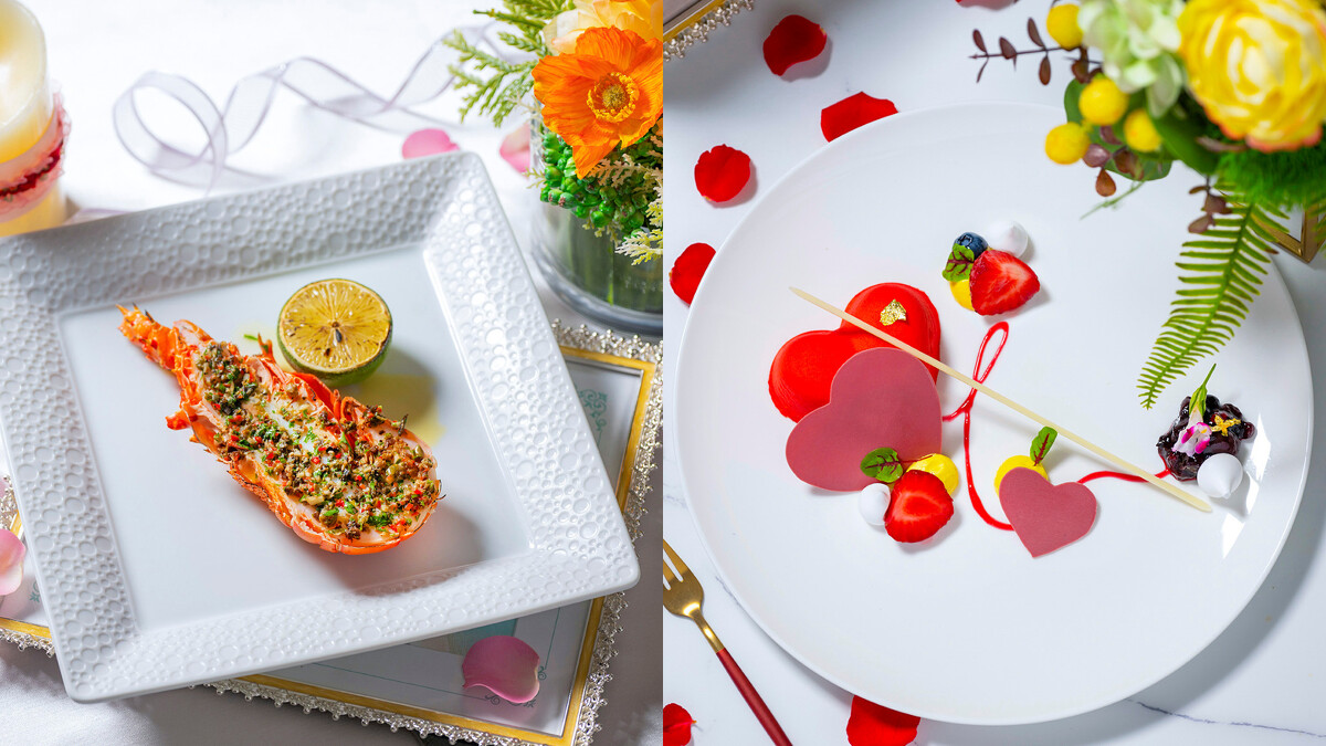 左：慢煮龍蝦、歐芹澄清奶油、馬爾頓海鹽。右：心型百香果芒果慕斯。