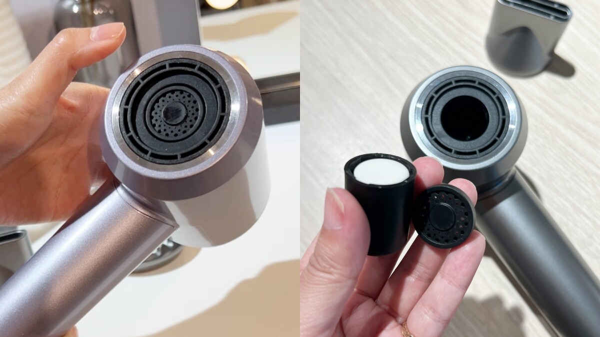 DIKE等離子護髮吹風機的吹嘴中央，內建可安裝護髮錠的設計。