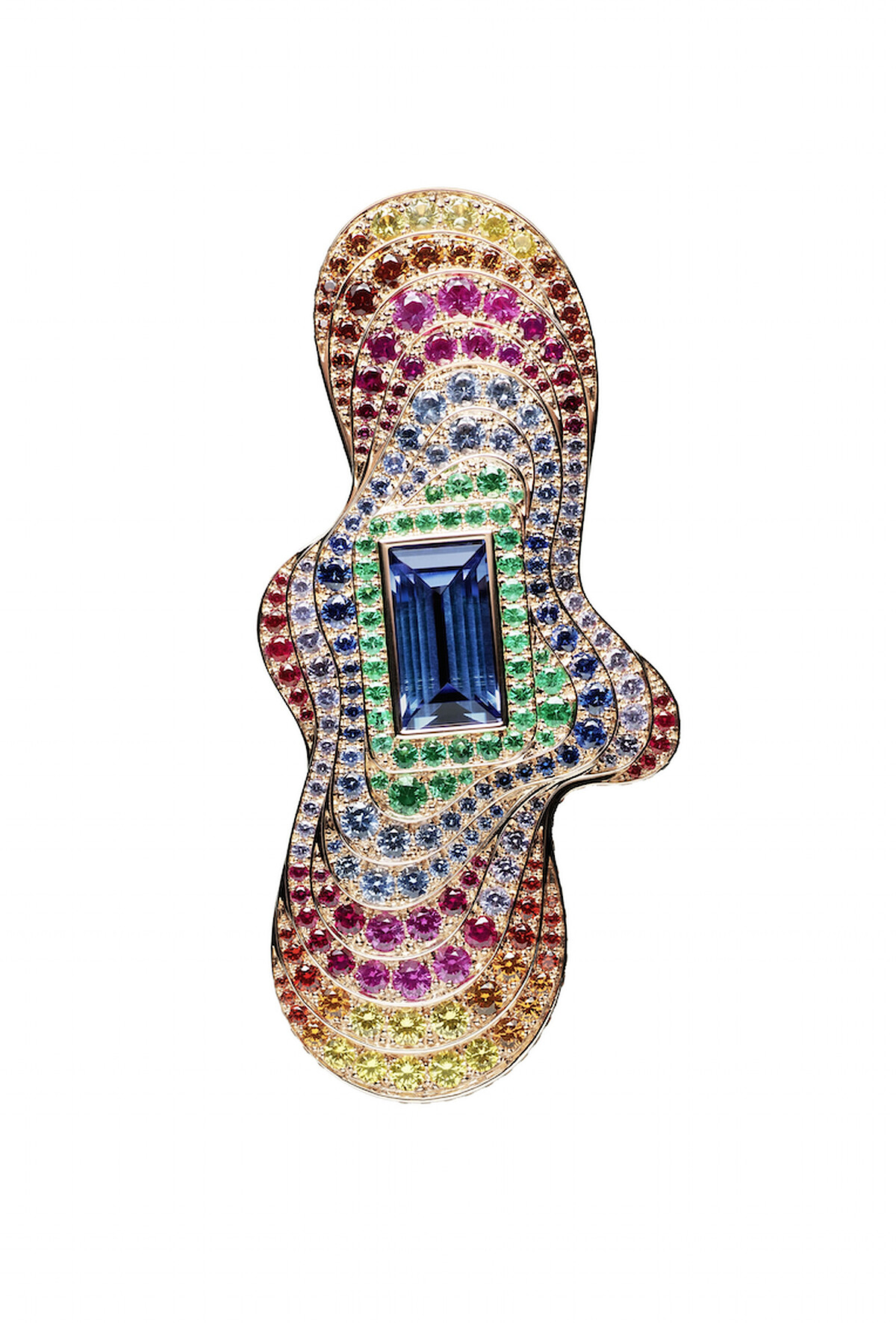 Color Vibes雙指戒指，玫瑰金鑲嵌長方形切割坦桑石、祖母綠、藍、紫色和黃色藍寶石、錳鋁榴石 和紅寶石。