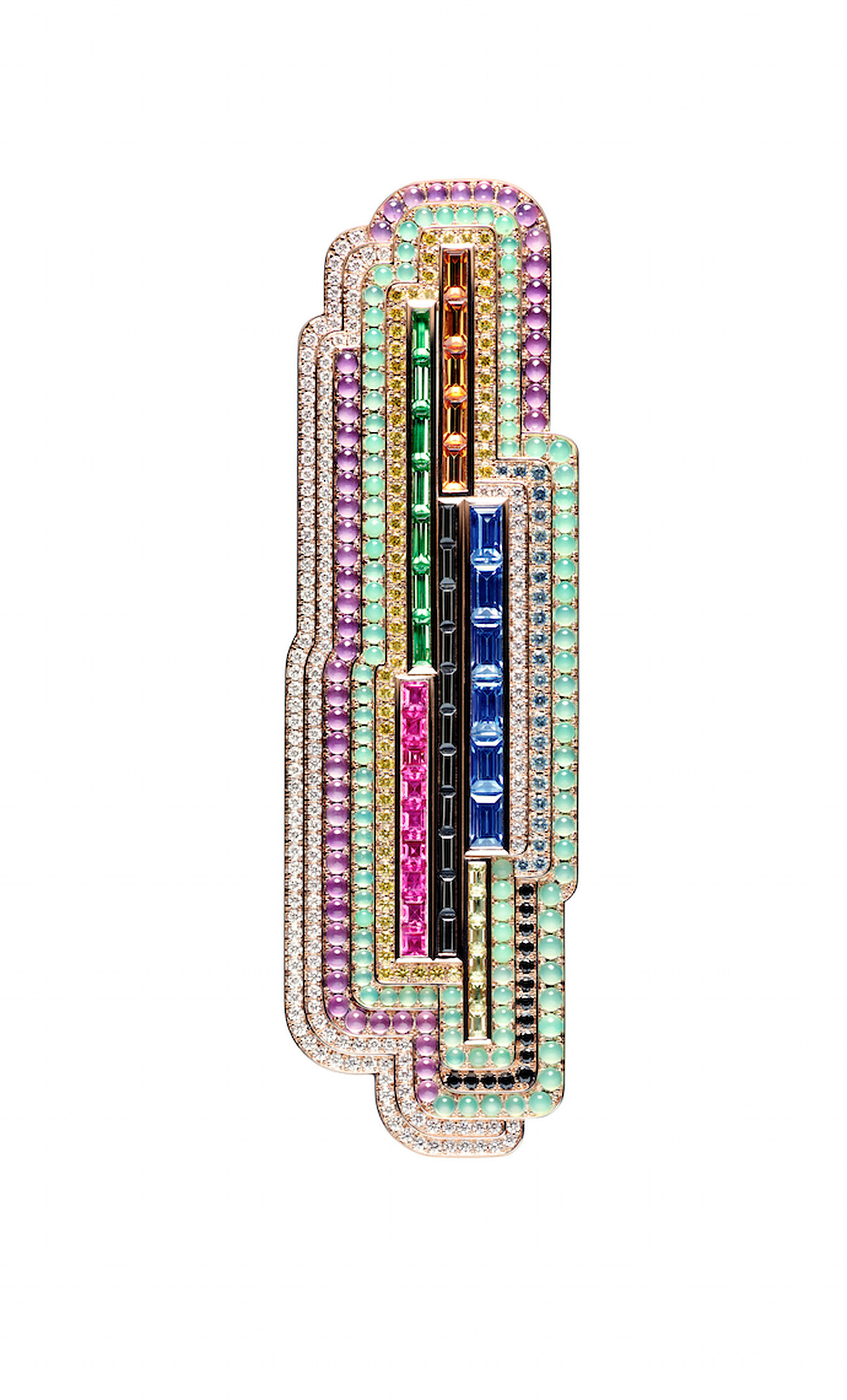 Color Flash胸針，玫瑰金鑲嵌紅寶石、黃、藍及綠色藍寶石、沙弗萊石和錳 鋁榴石、黑色尖晶石、綠玉髓、紫水晶和鑽石。 