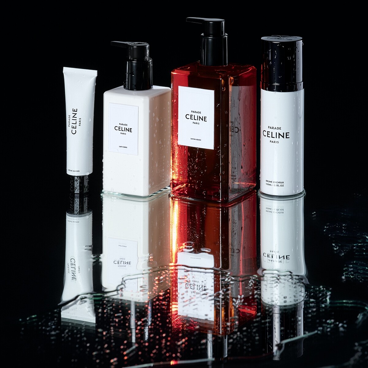 Celine (左起)PARADE護手霜、PARADE香氛身體乳、PARADE液體香氛皂、PARADE髮香噴霧(@HEDISLIMANE PHOTOGRAPHY)。