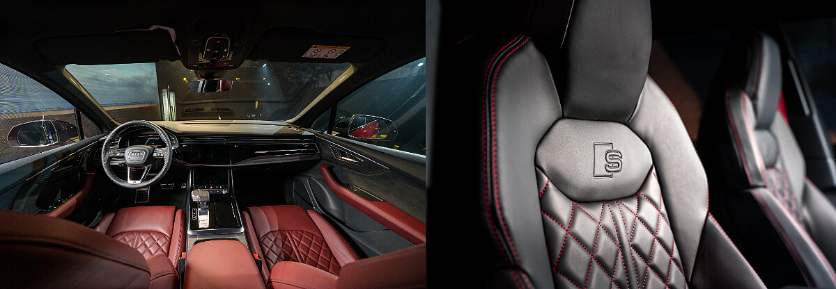 左 : Audi SQ7 室內座艙，右 : Audi Sport紅色縫線套件