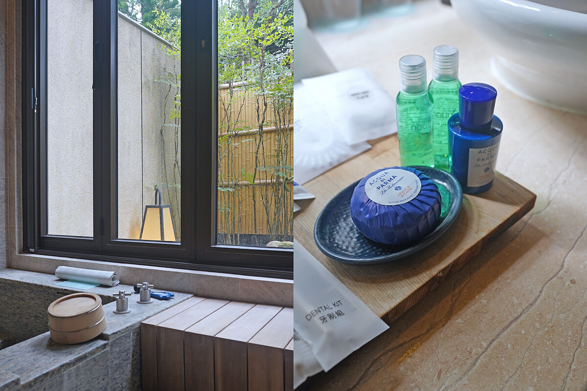 左為獨立湯屋,備品為香氛品牌「Acqua di Parma」。