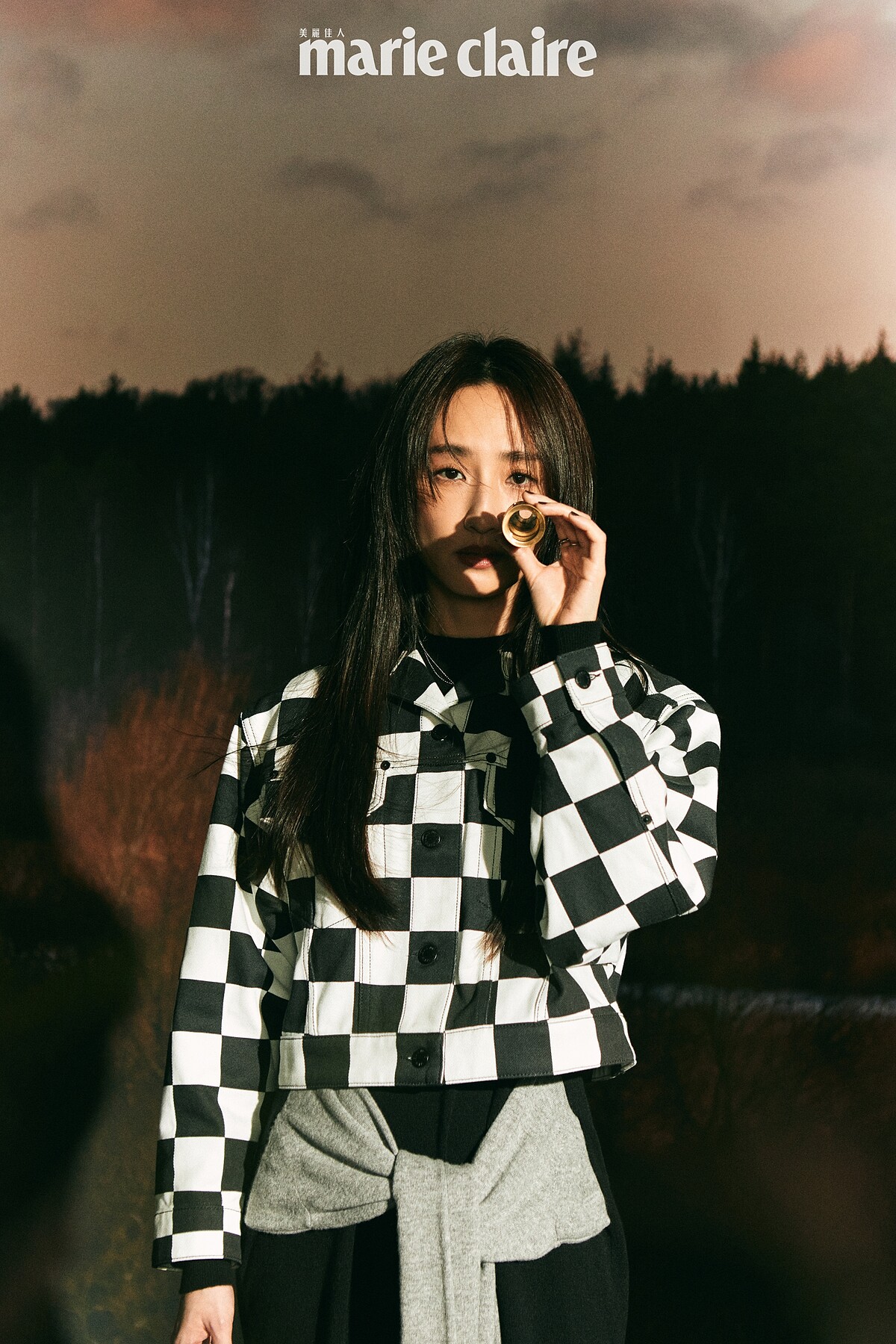 （柯佳嬿）黑白格紋外套、黑色假兩件連身洋裝，鑽飾項鍊、銀色戒指，all by Louis Vuitton。