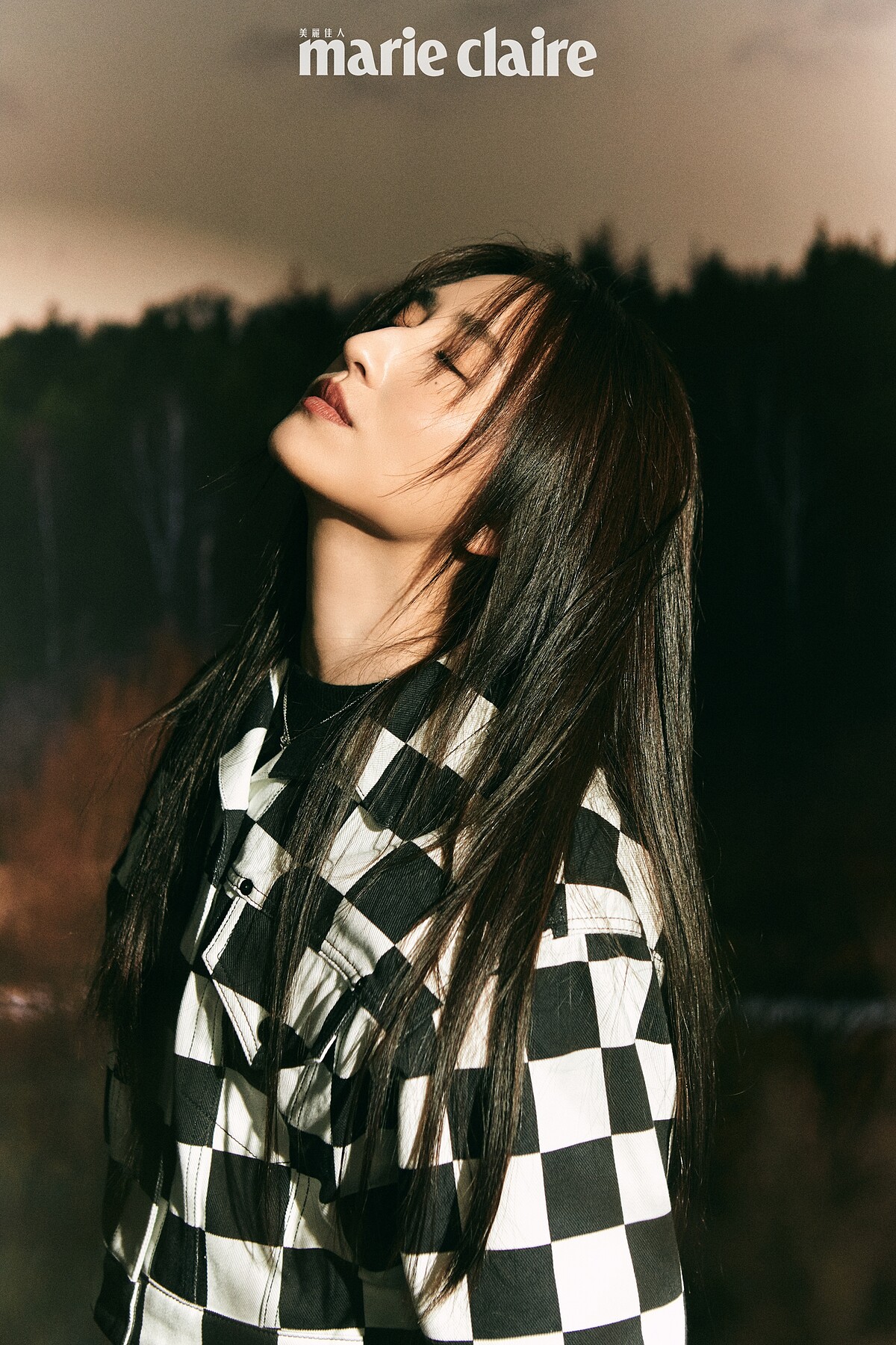 （柯佳嬿）黑白格紋外套、黑色假兩件連身洋裝，鑽飾項鍊，all by Louis Vuitton。