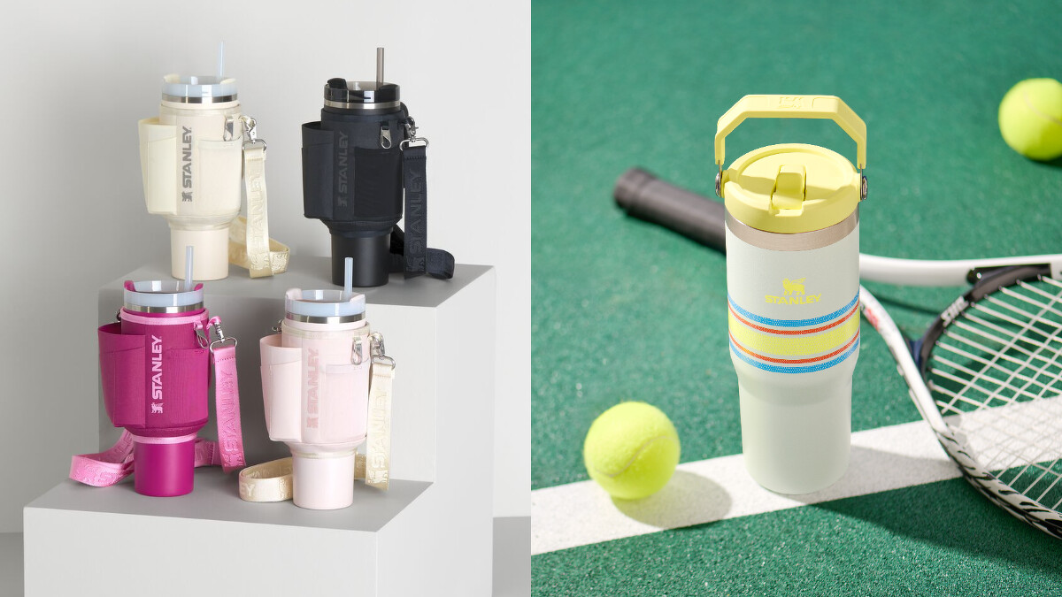 STANLEY 冒險系列 吸管隨手杯(1.18L肩背帶)象牙白、消光黑、莓果紅、山櫻粉，各1,480元；STANLEY IceFlow手提吸管杯VARSITY經典美式校園風(0.88L) 圖騰黃，1,380元。