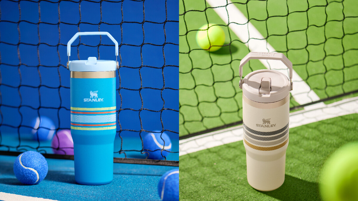 STANLEY IceFlow手提吸管杯VARSITY經典美式校園風(0.88L) 圖騰藍、條紋灰，各1,380元。