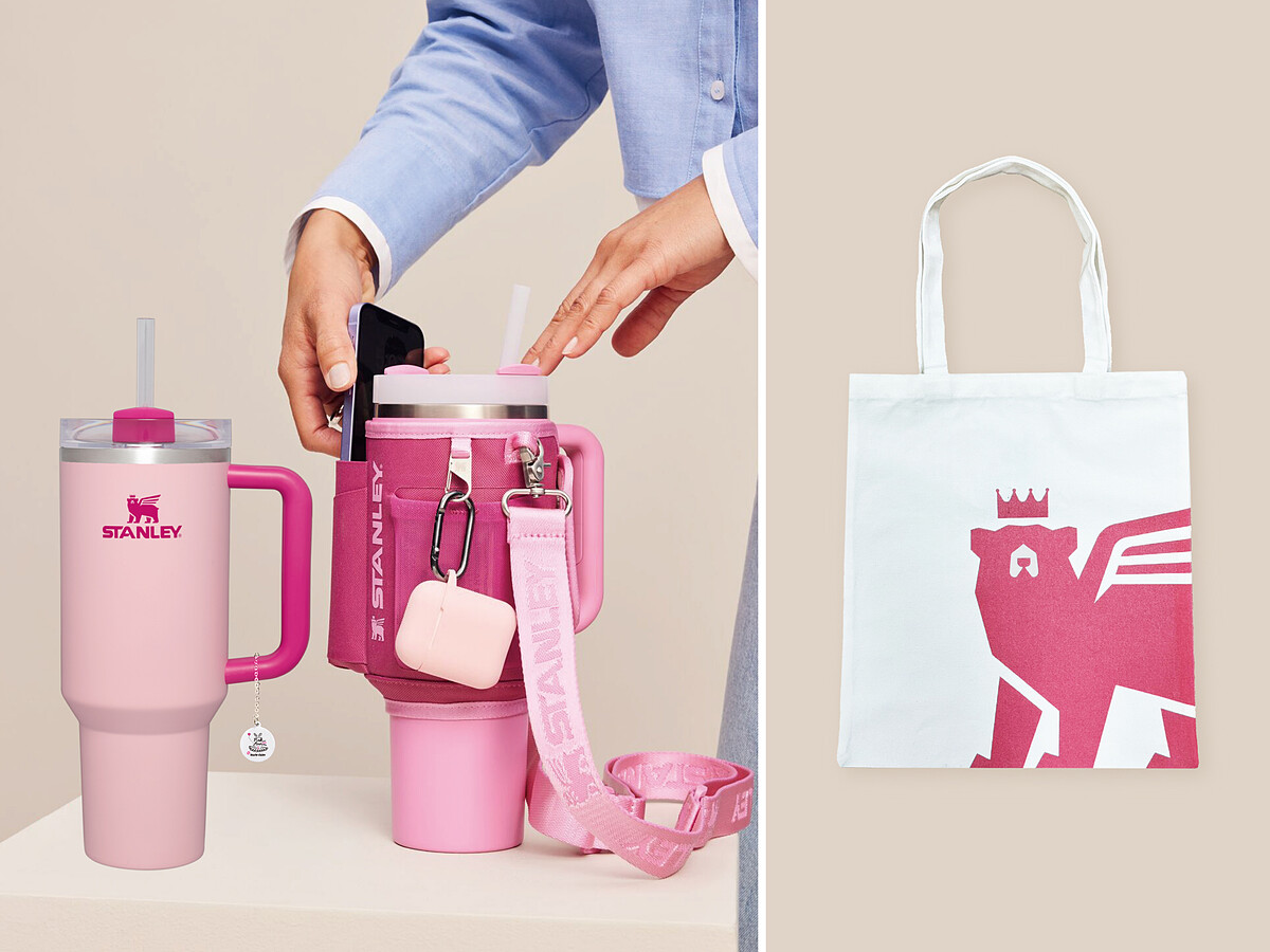 Pink Run公益限定款STANLEY冒險系列吸管隨手杯( 1.18L肩背帶)莓果紅，1,480元。粉紅佳人吸管隨手杯，1,680元。