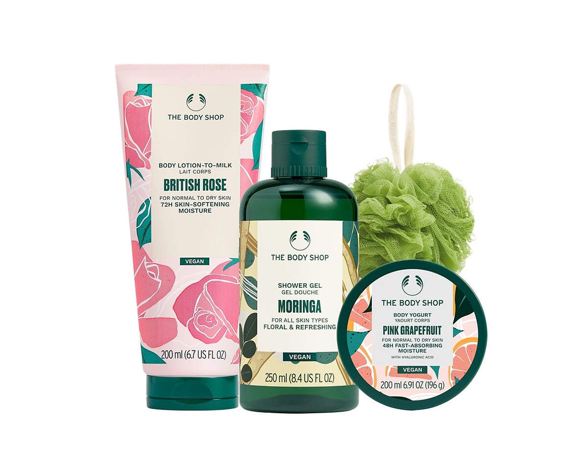 「經典沐浴潤膚組」任2件 優格/潤膚乳200ML+果香沐浴膠250ML*1+小沐浴球，原價$2,110，特惠價$1,480。