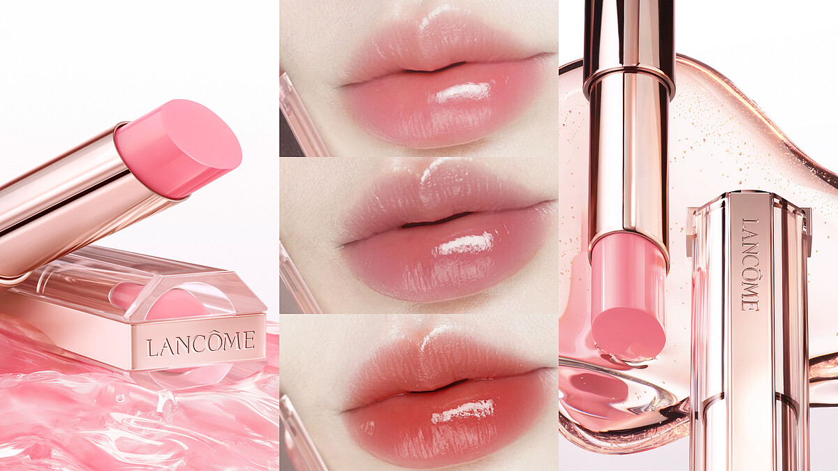 蘭蔻全新爆水唇彩＃唯我玫瑰裸光潤唇膏，透明粉金管x低飽和調色，潤色更潤唇！一抹水潤粉嫩零唇紋！