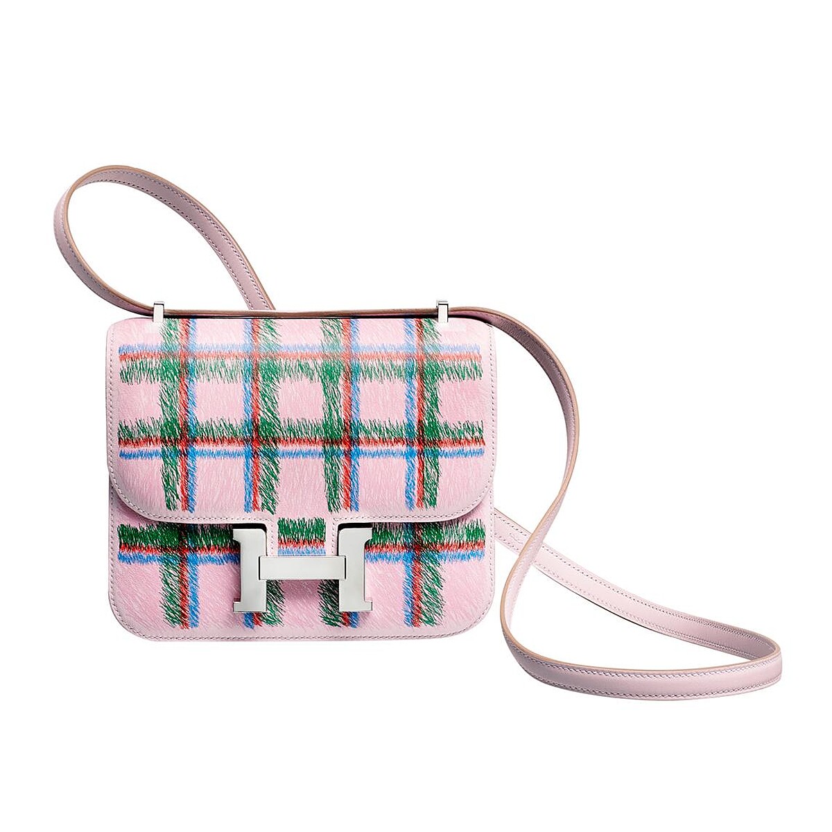 HERMES 粉色格紋側背包，價格店洽。