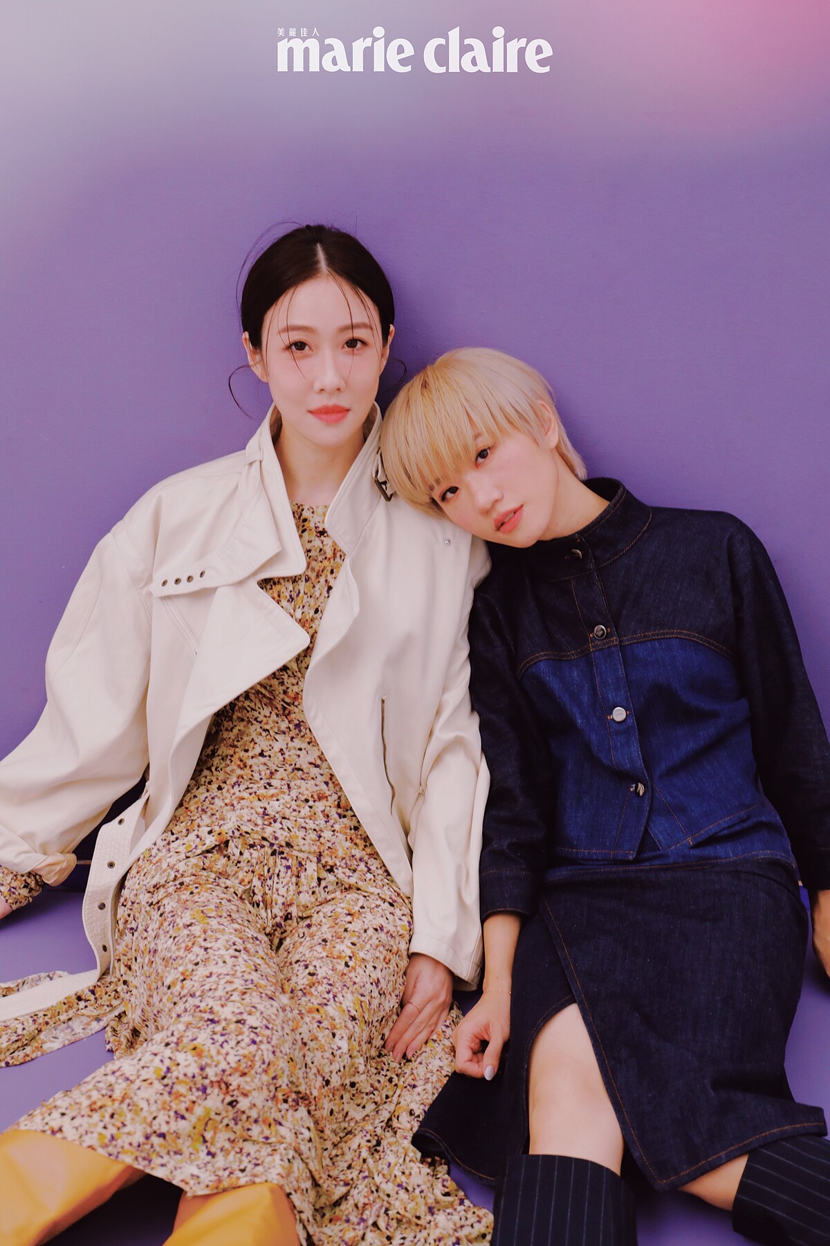 （金百倫）印花長洋裝、白色騎士夾克，both by Isabel Marant；米色皮革高跟長靴，Fendi。（Lulu 黃路梓茵）藍色雙色調牛仔外套、藍色雙色調牛仔短裙，both by Fendi；手鍊，Gucci，長靴，私人提供。