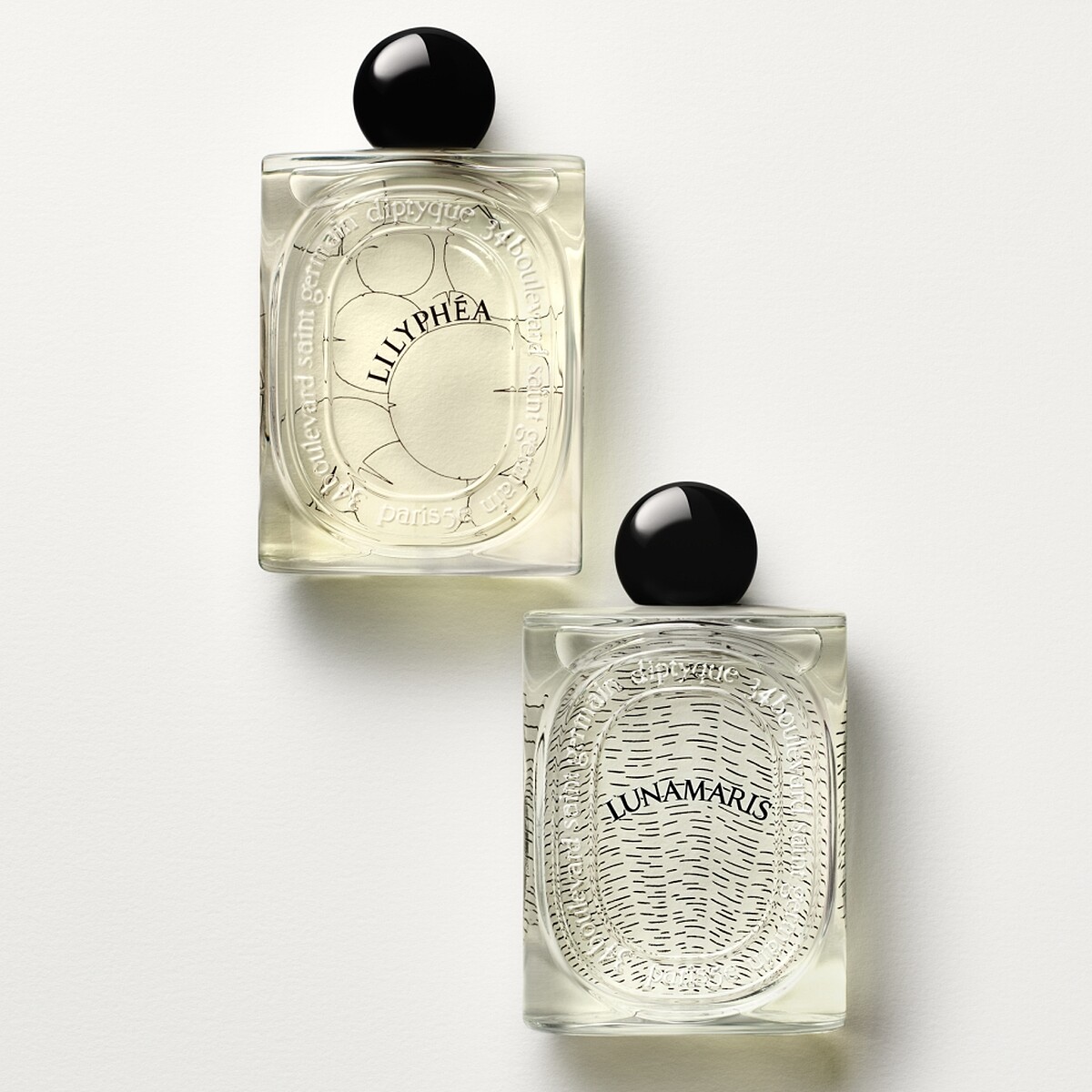 Diptyque Lilyphéa睡蓮粼波淡香精與Lunamaris潮汐月瑩淡香精形象圖。