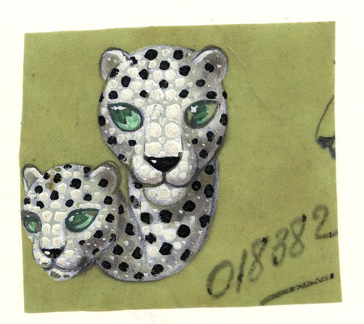 1968年雙頭豹胸針手繪設計圖。鉑金鑲嵌鑽石、黑色縞瑪瑙與祖母綠。
