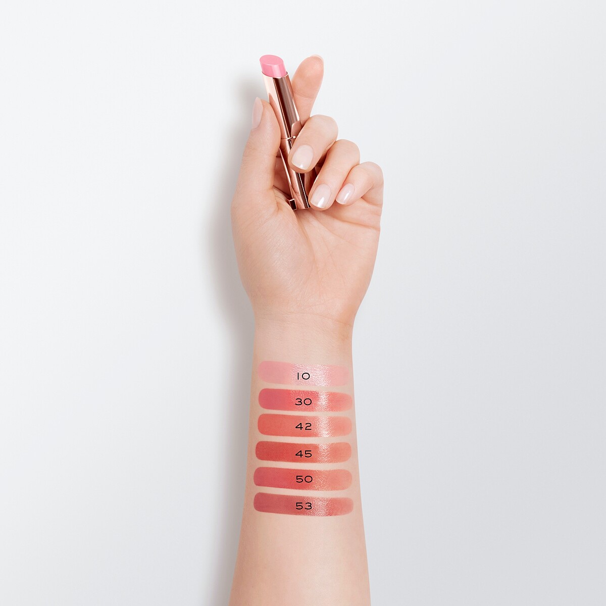 LANCOME蘭蔻唯我玫瑰裸光潤唇膏#10、#30、#42、#45、#50、#53手部試色。