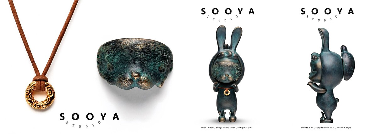 Sooya Studio青銅 Ban (兔)，sofubi材質，高約13cm，面具、金環吊墜材質為925銀鍍金臉部、手臂、腦後胡蘿蔔可轉動，拖鞋不可動，NT4300。