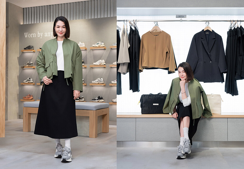 同樣穿搭MET24系列的防風機能款與同系列的垂墜A字裙,搭配上灰白色拼接色的WRPD Runner,24小時展現時尚魅力。