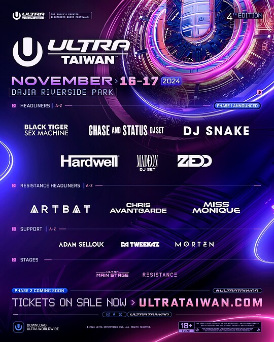 Ultra Taiwan 由DJ Snake、Hardwell、Zedd領軍12組首波頂級卡司陣容。（圖／Ultra Taiwan提供）