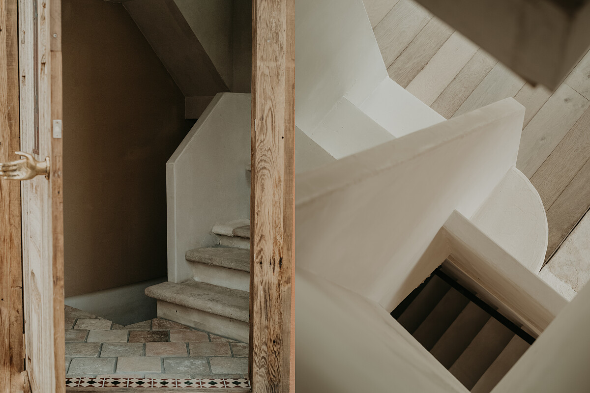 法國修道院的淺色橡木地板，以及仿造義大利古老建築的石階都成為空間美好的元素。