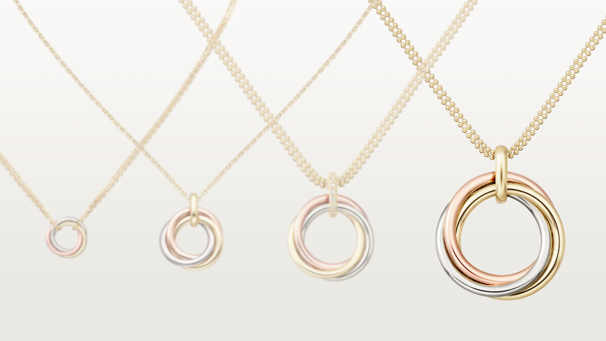 Trinity系列項鍊，18K金、18K白金與玫瑰金。