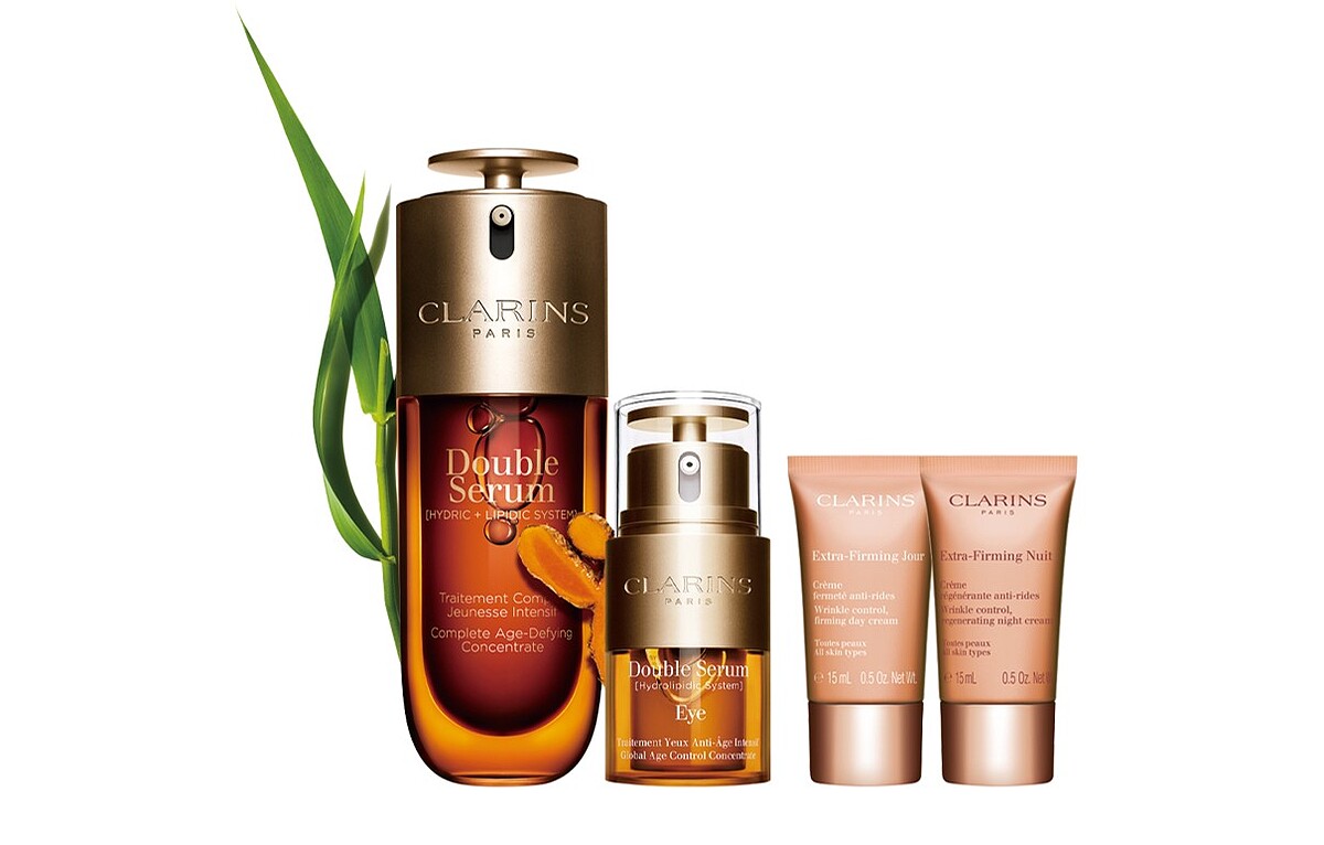 黃金雙萃精華50ml、黃金亮眼萃20ml、煥顏緊緻彈力日霜15ml、煥顏緊緻彈力晚霜15ml；特價NT$6,800（原價NT$9,430）