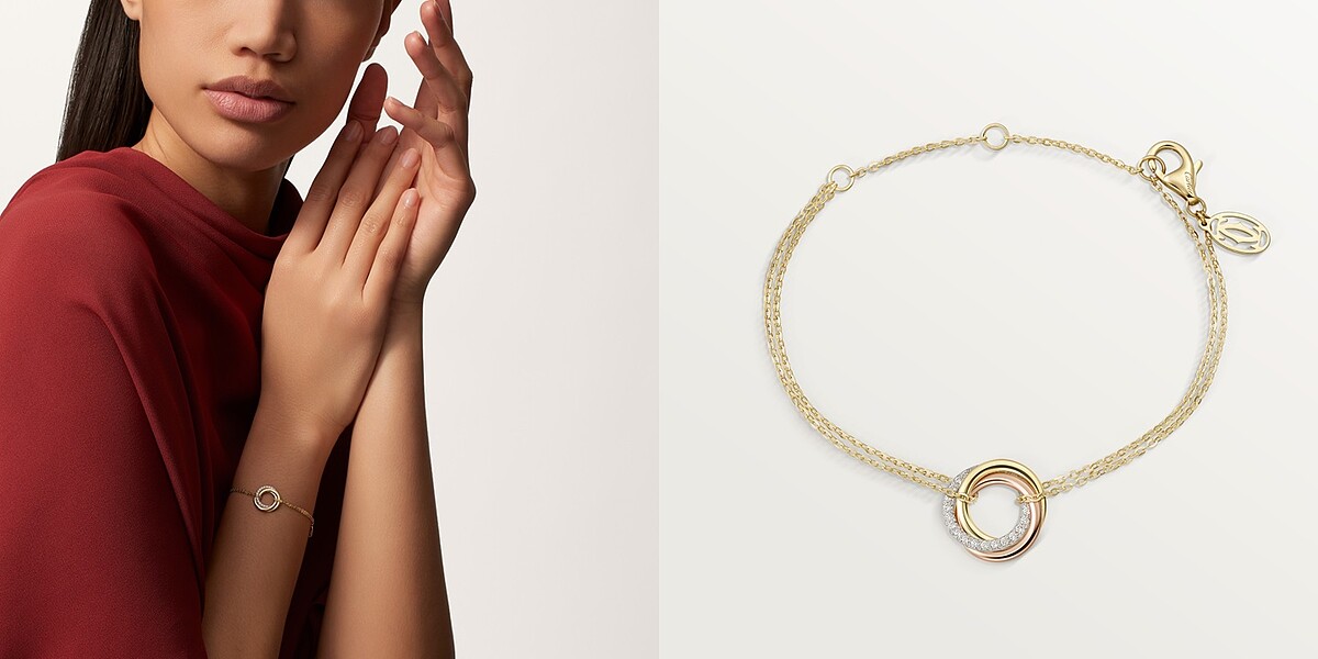 Trinity系列鑲鑽手鍊，18K金、18K白金、玫瑰金與鑽石。