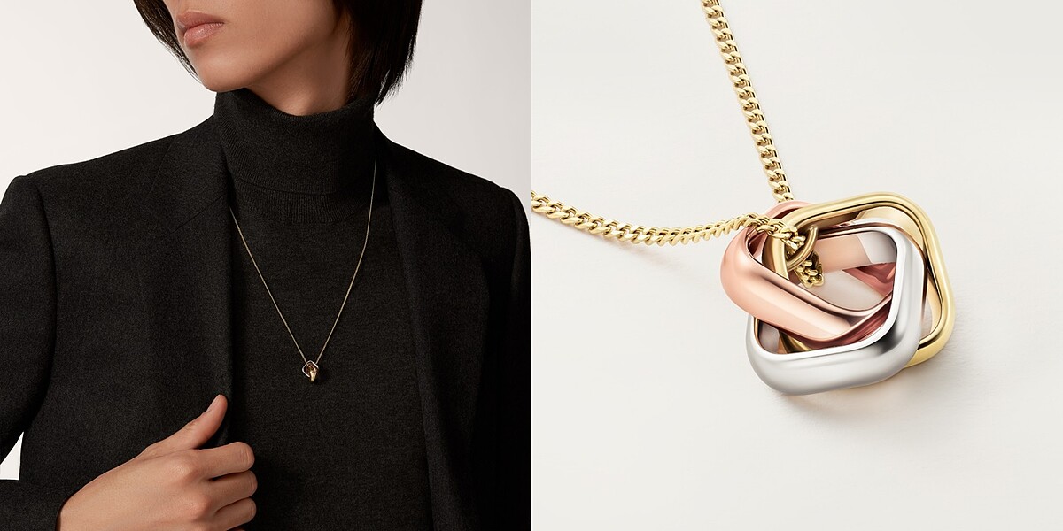 Trinity系列枕形款項鍊，18K金、18K白金與玫瑰金。